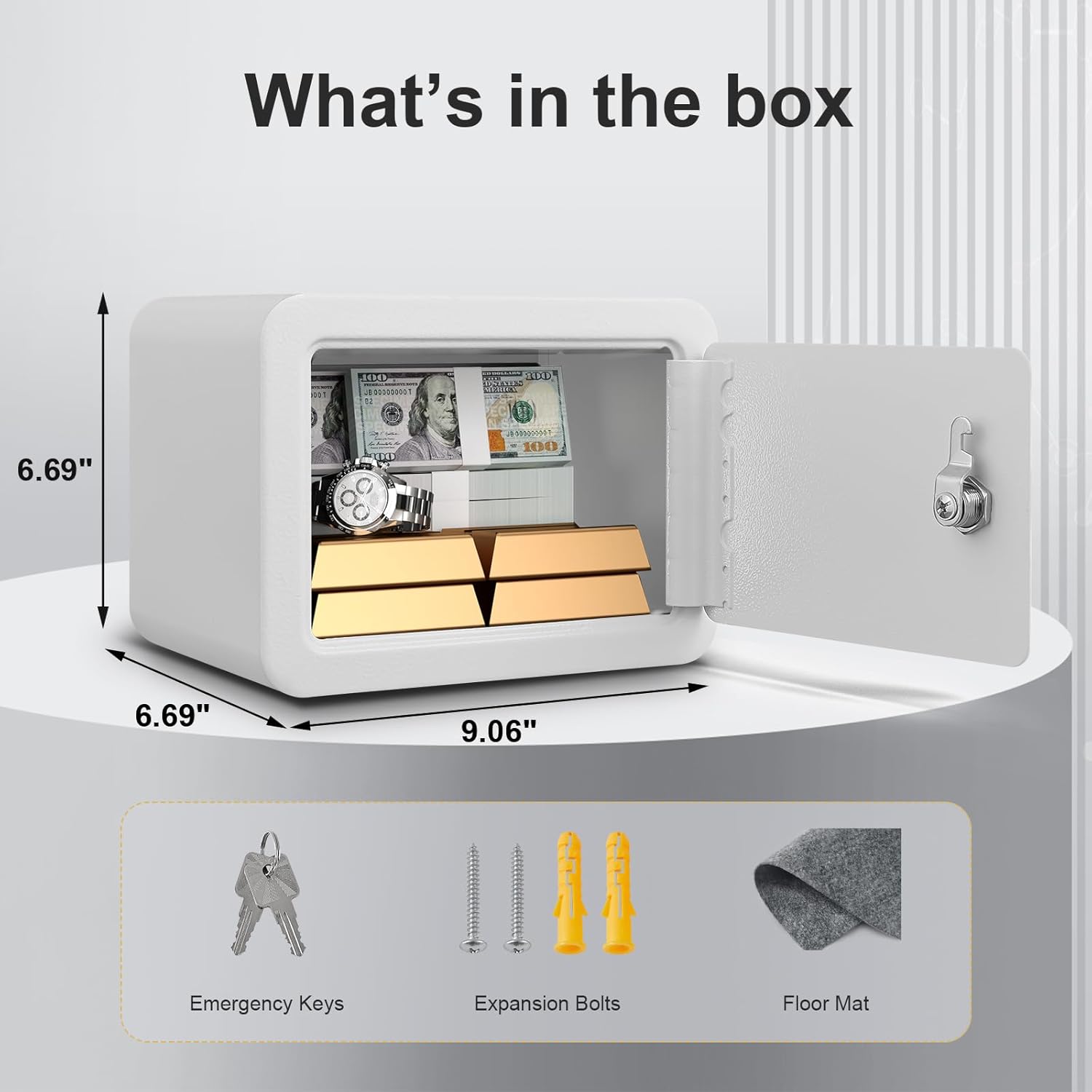 Marcree 0.23 Cubic Safe Box for Kids, Security Safe Steel Construction with Key Lock, Home Safes with Rounded Design for Child Protection, Lock Box for Home, 6.69 x 9.06 x 6.69 Inches, White